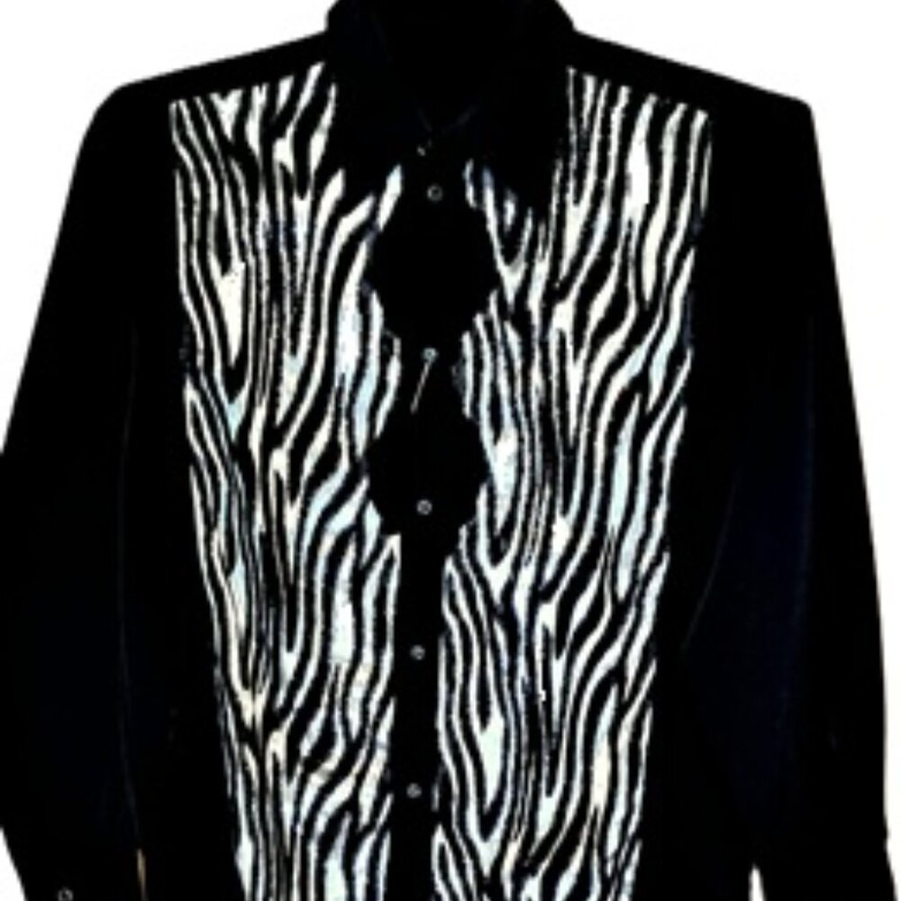 Mens Black/White Lurex Flame Rockabilly Shirt M